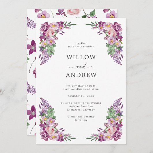 水彩パープルフローラ結婚ズ 招待状 (正面/裏面)