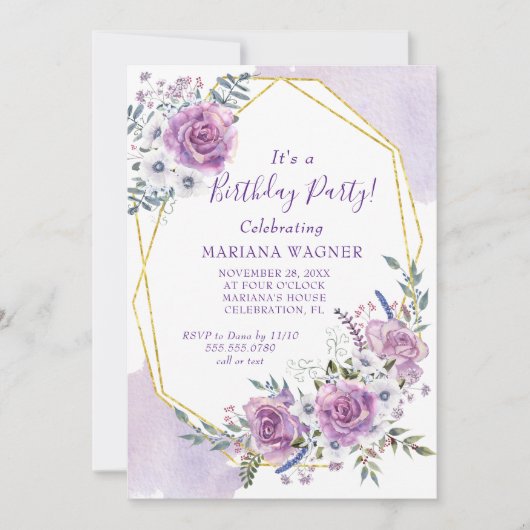水彩パープルフローラ誕生日パーティー 招待状 (正面)