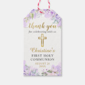 水彩パープルフローラ金ゴールドファーストホーリーコミュニオン ギフトタグ (正面)