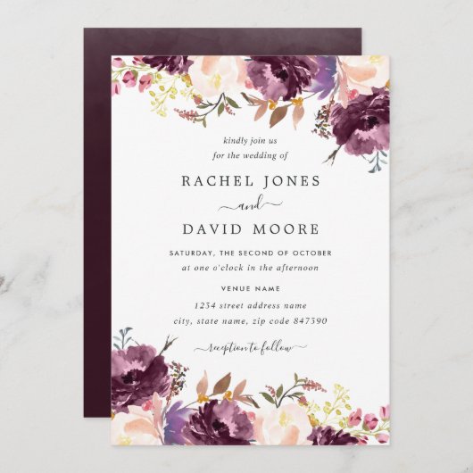 水彩パープルフローラ開花結婚式招待状 招待状 (正面/裏面)