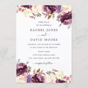 水彩パープルフローラ開花結婚式招待状 招待状