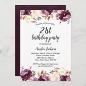水彩パープルフローラ開花21st誕生日パーティー 招待状 (正面/裏面)