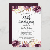 水彩パープルフローラ開花80th誕生日パーティー 招待状 (正面/裏面)