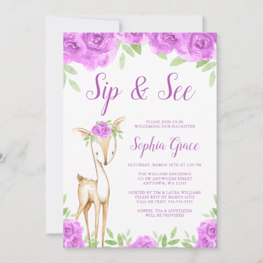 水彩パープルフローラ鹿ガールsipと参照 招待状 (正面)