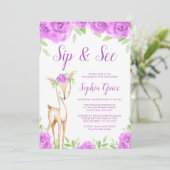 水彩パープルフローラ鹿ガールsipと参照 招待状 (スタンド正面)