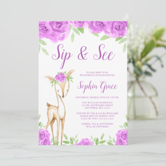 水彩パープルフローラ鹿ガールsipと参照 招待状 (スタンド正面)