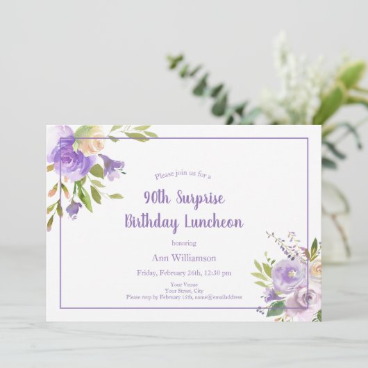 水彩パープルフローラ90thサプライズ誕生日 招待状 (スタンド正面)
