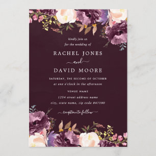 水彩パープルブルゴーニュフローラ結婚ズ 招待状