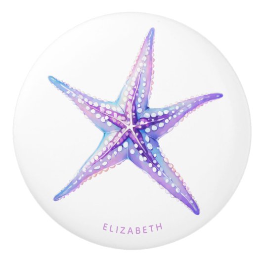 水彩パープルブルービーチヒトデ沿岸 セラミックノブ (正面)