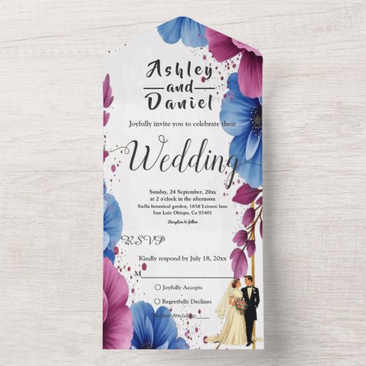 水彩パープルブルーフラワーエレガントな結婚式 オールインワン招待状 (内側)