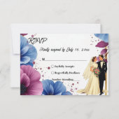 水彩パープルブルーフラワーエレガントな結婚式 出欠カード (正面)