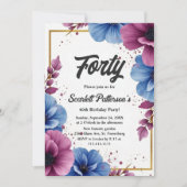 水彩パープルブルーフラワーズエレガント誕生日 招待状 (正面)