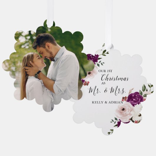 水彩パープルプラム赤面ピンクフローラ写真 オーナメントカード (正面/裏面)