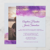 水彩パープルプラム モーブ ゴールド ウェディング フォト 招待状 (正面/裏面)