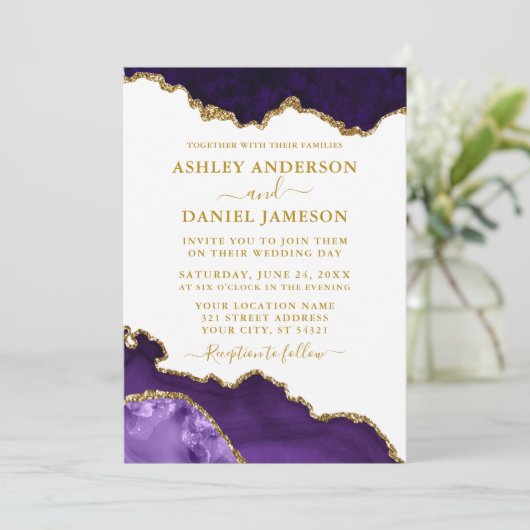 水彩パープルホワイト金ゴールド大理石の写真 招待状 (スタンド正面)