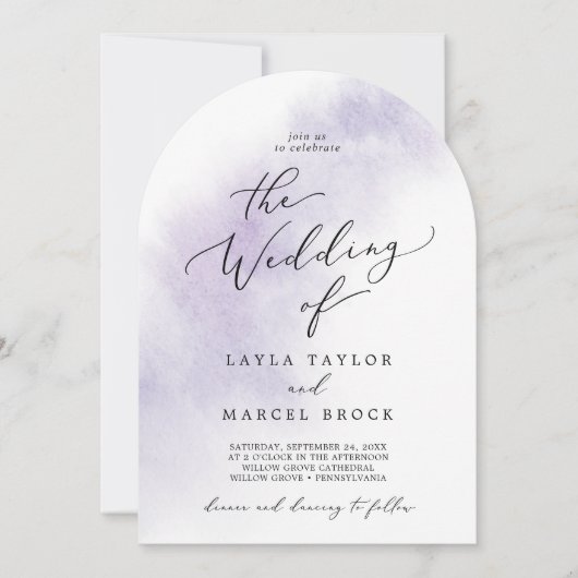 水彩パープルボホエレガントアルチ結婚ーズ 招待状 (正面)