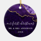 水彩パープルマーブルゲ結婚ードの写真バック セラミックオーナメント (正面)