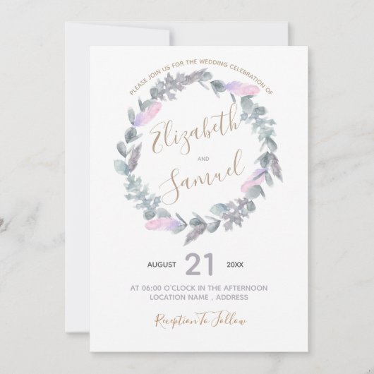 水彩パープルリース結婚式招待状 招待状 (正面)