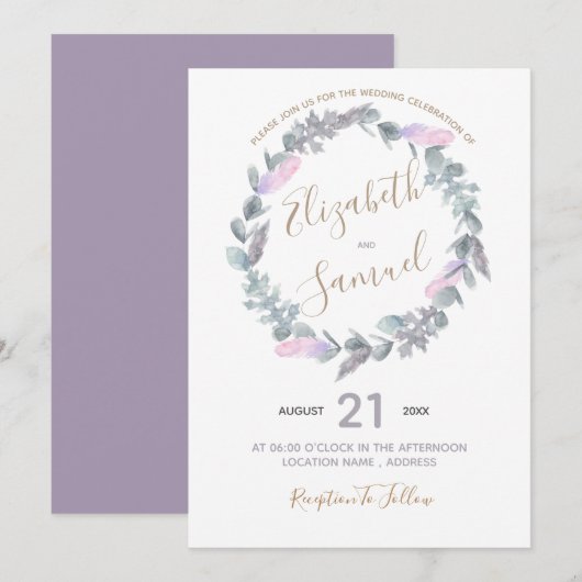 水彩パープルリース結婚式招待状 招待状 (正面/裏面)