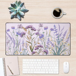 水彩パープルワイルドフラワーメドウ引用文 デスクマット