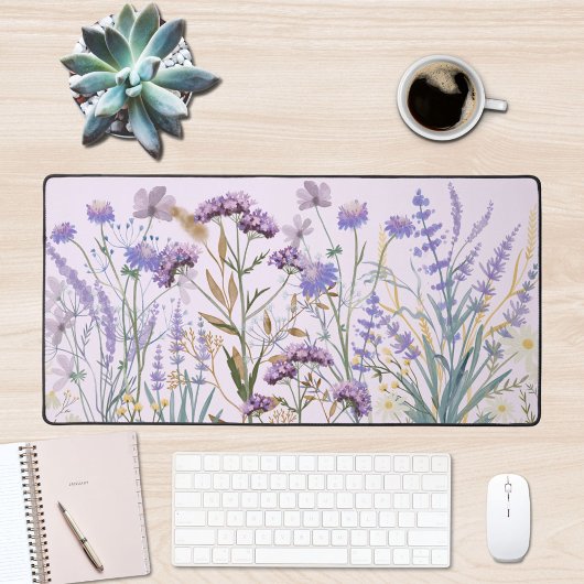水彩パープルワイルドフラワーメドウ引用文 デスクマット
