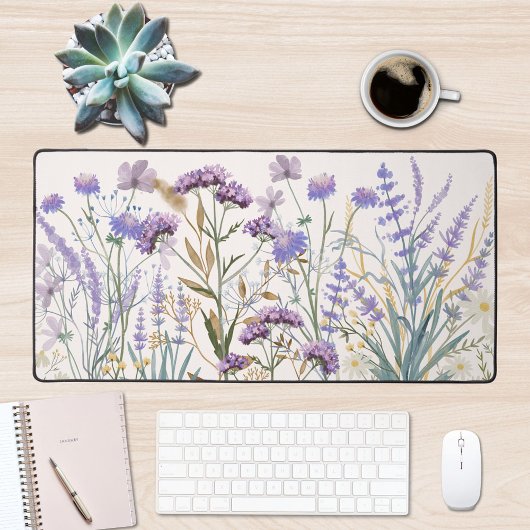 水彩パープルワイルドフラワーメドウ引用文 デスクマット