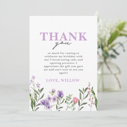 水彩パープルワイルドフラワー サンキューカード (スタンド正面)