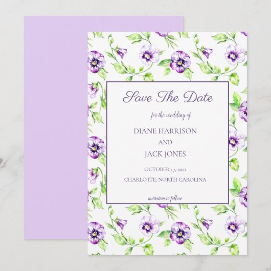 水彩パープルヴァイオレット セーブ・ザ・デート 招待状 (正面/裏面)