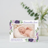 水彩パープル春の花ベビー誕生 案内ポストカード (スタンド正面)