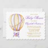 水彩パープル熱気球バルーンボーベイビーシャワー 招待状 (正面)