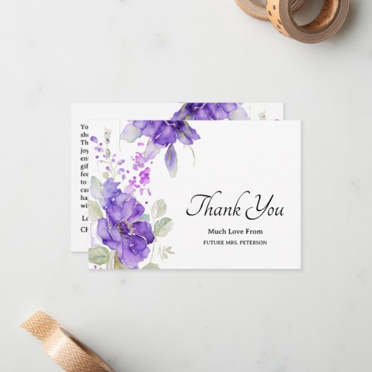水彩パープル素朴ブライダルシャワーありがとう ノートカード (正面/裏面インサイチュ)