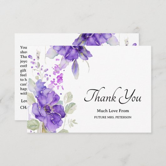 水彩パープル素朴ブライダルシャワーありがとう ノートカード (正面/裏面)