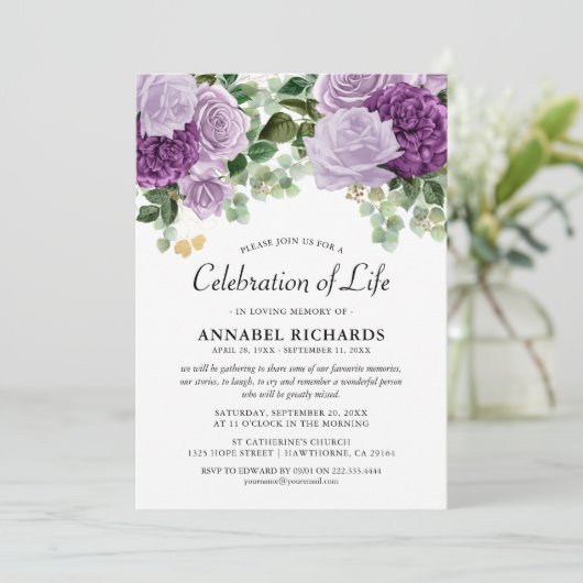 水彩パープル花模様お祝いの生活 招待状 (スタンド正面)