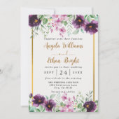 水彩パープル花模様結婚式招待状 セーブザデート (正面)