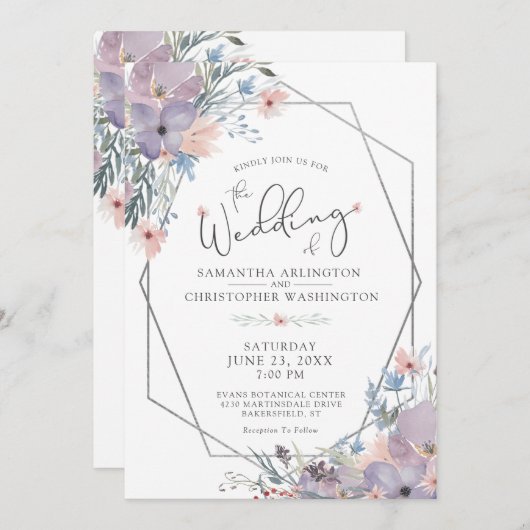 水彩パープル薄紫フローラ幾何学模様 招待状 (正面/裏面)