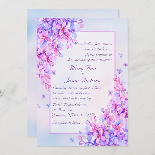水彩パープル薄紫結婚フラワーの5 x 7招待状 招待状 (正面/裏面)