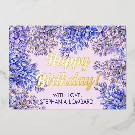 水彩パープル薄紫花誕生日金ゴールド 箔シーズンカード