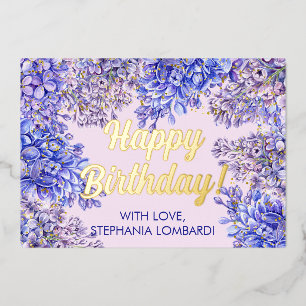 水彩パープル薄紫花誕生日金ゴールド 箔シーズンカード