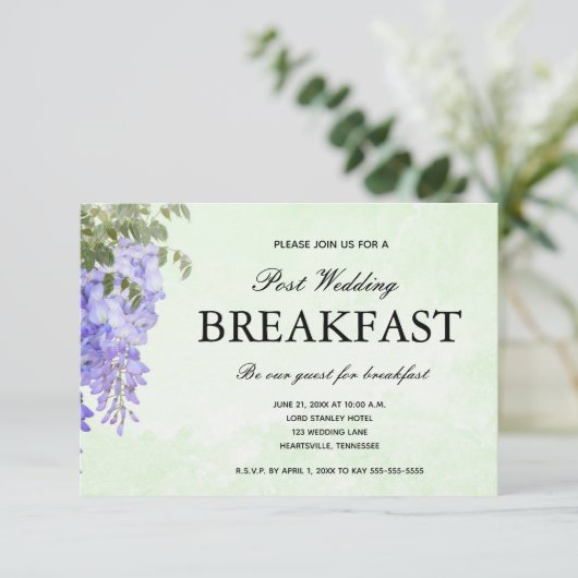 水彩パープル藤の花の結婚式の朝食への返信 出欠カード (スタンド正面)