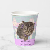 水彩パープル誕生日キッズキッテン紙カップ 紙コップ (正面)