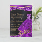 水彩パープル金ゴールドグリッタードレスSweet sixteen 招待状 (スタンド正面)