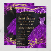 水彩パープル金ゴールドグリッタードレスSweet sixteen 招待状 (正面/裏面)