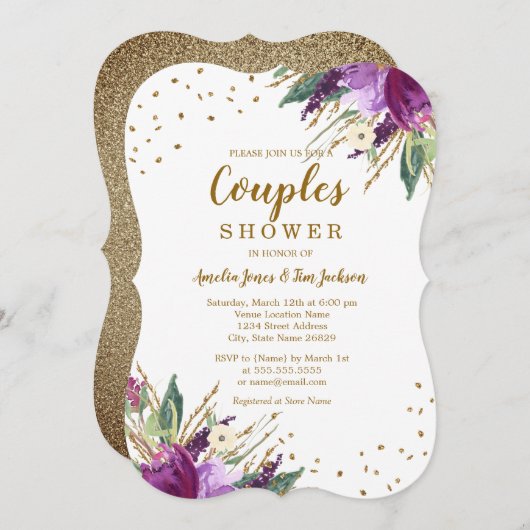 水彩パープル金ゴールドフラワーカップルシャワー 招待状 (正面/裏面)