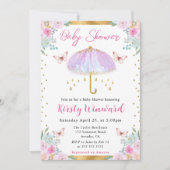 水彩パープル金ゴールド春傘ベビーシャワー 招待状 (正面)