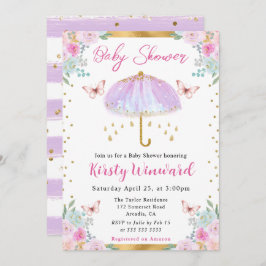 水彩パープル金ゴールド春傘ベビーシャワー 招待状