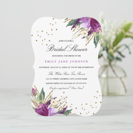 水彩パープル金ゴールド花ブライダルシャワー招待状 招待状 (スタンド正面)