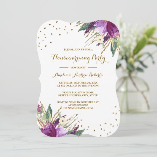 水彩パープル金ゴールド花引っ越し祝いパーティーパーティー 招待状 (スタンド正面)