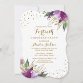 水彩パープル金ゴールド花40歳の誕生日パーティー 招待状 (正面)