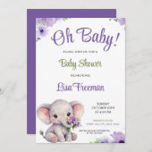 水彩パープル＆グリーンのゾウのベビーシャワー 招待状 (正面/裏面)