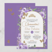 水彩パープル＆ゴールドの蝶のキンセアニエラ 招待状 (正面/裏面)